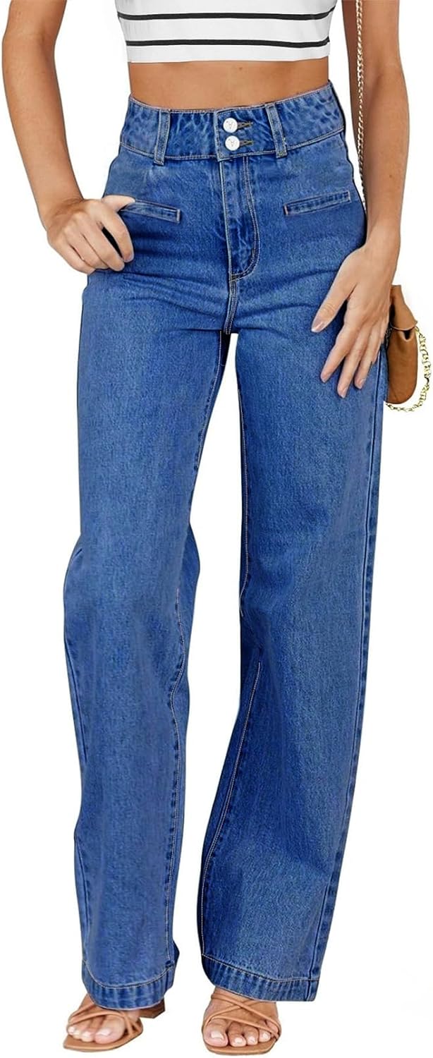 Women’s Jeans High Waisted Straight Leg Stretchy Jeans Trendy Welt Pockets Loose Wide Leg Ankle Denim Pants